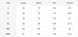 Detailed size chart for men sportswear set including waist and hip measurements from S to 3XL