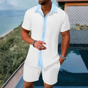Ensemble Chemise Et Short Décontracté Homme Été Texture Gaufre Bloc Couleur Haut Manches Courtes Bas Cordon Tenue Vacances Plage Mode Respirant Doux
