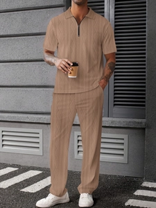 Men's khaki cable knit polo set featuring a zip short sleeve shirt and straight trousers