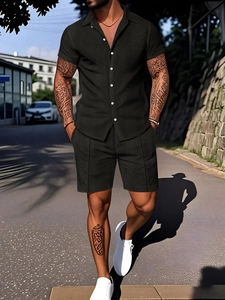 Outdoor shot of men's casual two-piece set with textured geometric patterns and white buttons
