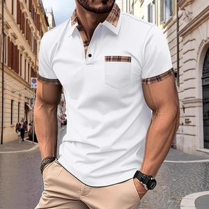 Polo Décontracté pour Homme Coutures à Carreaux Col Contrasté Manches Courtes Coupe Ajustée Été Top de Sport Homme