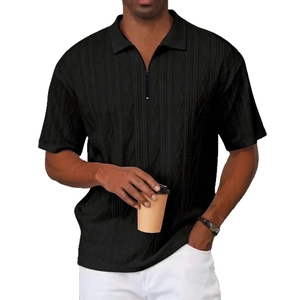 Polo da uomo nera a maniche corte con trama jacquard e colletto con mezza zip sportiva