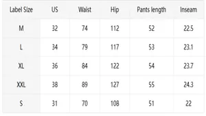 Tableau des tailles pour shorts de loisirs homme avec dimensions US et métriques précises