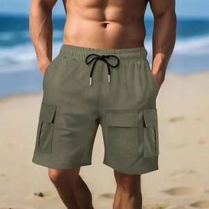 Men's military green cargo shorts with elastic drawstring waist and side flap pockets