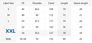Size chart for men's shirt set with measurements for S to XXXL labels and FR sizes