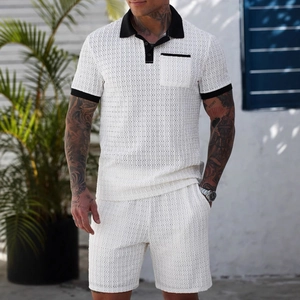 Men Hollow Knitted Polo Shirt And Shorts Waffle Texture Breathable Contrast Trim Short Sleeve Top And Bottom Leisure Outfit