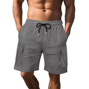 Men's loose cargo shorts in dark grey featuring elastic drawstring waist and large side pockets