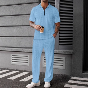 Men's light blue jacquard knit short sleeve polo and long pants two-piece leisure set