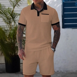 Men's khaki knit short sleeve polo set with contrasting black trim and waffle texture