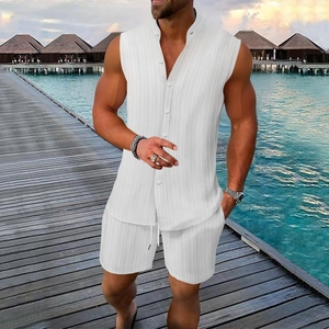 Men Summer Casual Striped Sleeveless Stand Collar Shirt And Shorts Suit Breathable Polyester Blend Beach Holiday Outfit