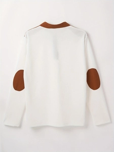 Back view of a white textured long sleeve polo shirt with brown elbow patches and collar