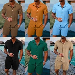Men Striped Casual Summer Outfit Short Sleeve Button Down Shirt And Drawstring Shorts Beach Vacation Top And Bottoms