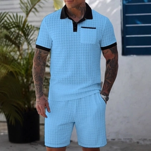 Men's two-piece light blue hollow knit short sleeve polo and shorts leisure sports set