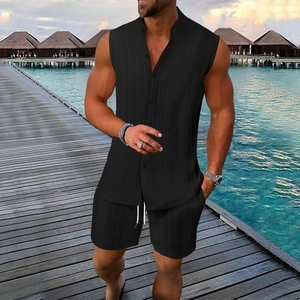 Men's summer black sleeveless striped polo shirt and shorts set with vertical texture