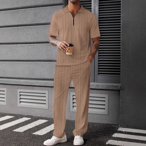 Men's khaki knit short sleeve polo and pants two-piece set with textured jacquard pattern