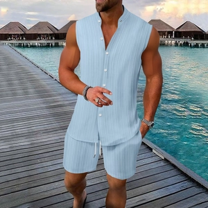 Men's summer light blue striped sleeveless polo shirt and shorts set for vacation