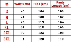 Detailed size chart for men's linen trousers showing waist and hip measurements
