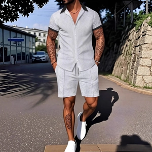 Men's summer casual two-piece set featuring geometric 3D print shirt and shorts