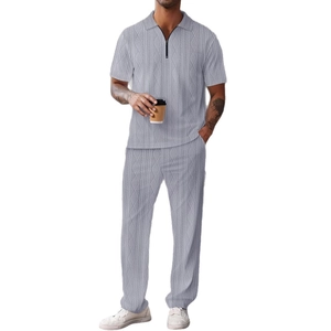 Men's light grey cable knit polo shirt and matching trousers casual two-piece set