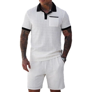 Men's summer casual waffle knit polo shirt and shorts set with black contrast piping