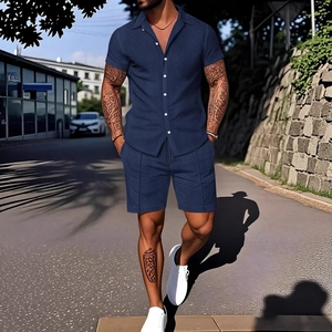 Men's navy blue casual 2-piece short sleeve shirt and shorts set with geometric texture