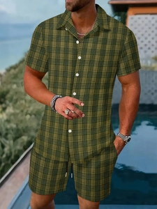 Close-up of military green plaid short sleeve shirt and shorts set for men in summer style