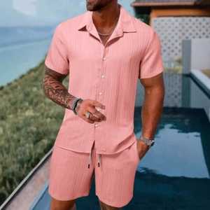 Men's summer pink striped casual set featuring short sleeve button shirt and drawstring shorts