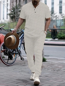 Men's casual set featuring 3D geometric texture print on short sleeve top and long pants