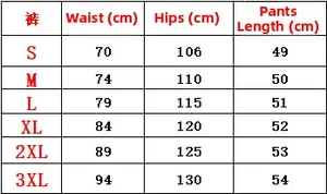 Detailed size chart for men's beach shorts showing waist, hip, and length in cm