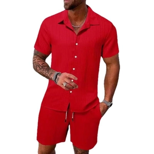 Men's red striped beach set with short sleeve button-down shirt and drawstring shorts