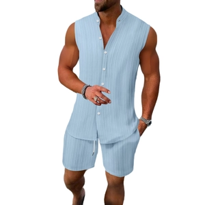 Men's summer casual two-piece set featuring light blue sleeveless striped polo and shorts