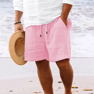 Men's pink jacquard striped leisure beach shorts with elastic drawstring waist for summer