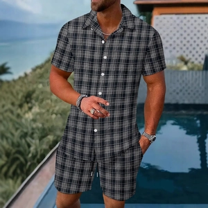 Men's summer casual two-piece set featuring grey plaid short sleeve shirt and shorts