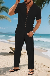 Dettaglio completo completo da spiaggia uomo nero in cotone con colletto alla coreana