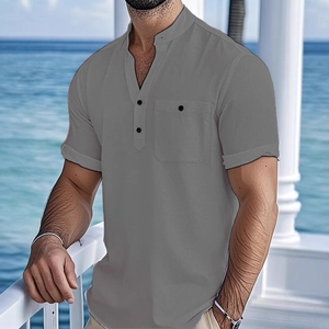 Men's retro cotton linen Henley shirt with standing collar and pocket in grey