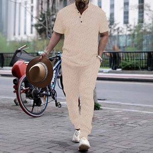 Men Casual Streetwear Outfit Geometric Textured Short Sleeve Henley Shirt And Long Pants Spring Autumn Fashion Suit