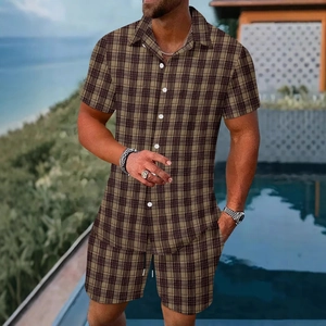 Men's summer casual two-piece set featuring brown plaid short sleeve shirt and shorts