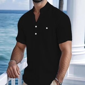 Men's black cotton linen shirt with mandarin collar and white buttons for summer vacations