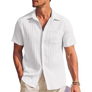 Men's white short sleeve linen cotton shirt with vertical texture and chest pocket