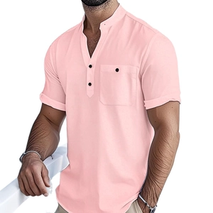 Men's pink short sleeve linen shirt with mandarin collar and buttoned chest pocket