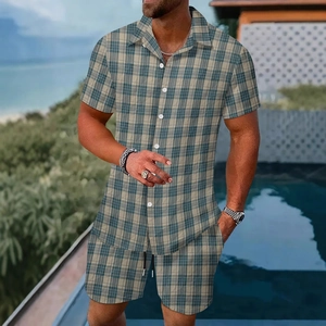 Men's summer casual two-piece set with green-grey plaid shirt and drawstring shorts