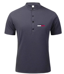 Detail of dark gray mesh polo shirt with grandad collar and Paris logo embroidery