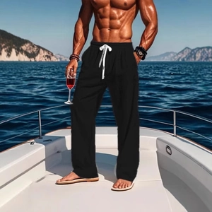 Men's loose straight-leg cotton linen drawstring casual pants in solid black color