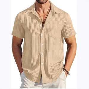Men's loose cotton linen stripe short sleeve shirt with vertical crinkle texture in beige