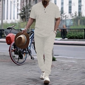 Men's two-piece casual set featuring 3D geometric print shirt and matching trousers