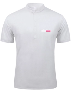 Detail of white mesh polo shirt with Paris text, stand collar, and breathable texture