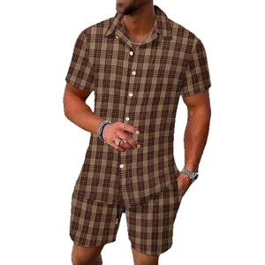 Men's summer casual two-piece set with brown plaid short sleeve shirt and shorts