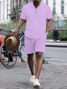 Close-up of men's summer set in light purple featuring geometric woven texture detail