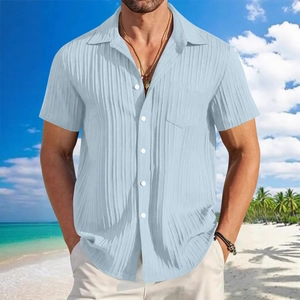 Men's light blue cotton linen striped short sleeve shirt with pocket for summer