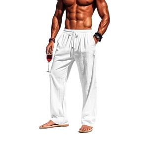 Men's white cotton linen casual straight leg pants with drawstring elastic waist